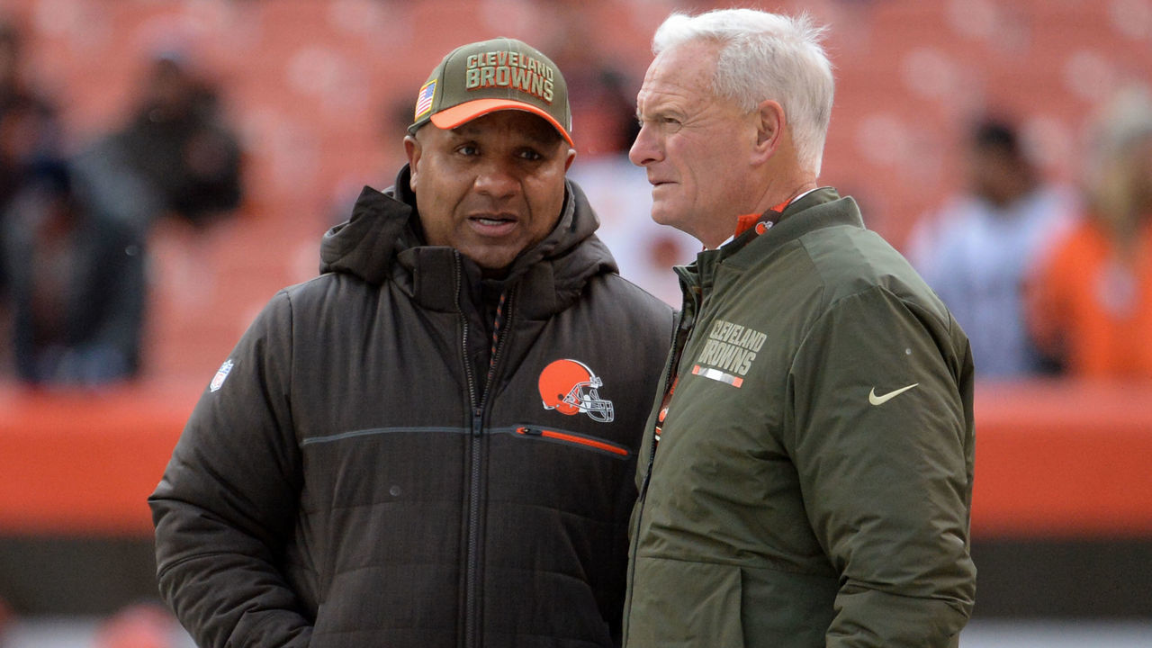 CLEVELAND, OH - NOVEMBER 19, 2017: Head coach Hue Jackson (L) and owner Jimmy Haslam (R) of the Cleveland Browns converse on the sideline prior to a game on November 19, 2017 against the Jacksonville Jaguars at FirstEnergy Stadium in Cleveland, Ohio. Jacksonville won 19-7. (Photo by: 2017 Nick Cammett/Diamond Images/Getty Images)