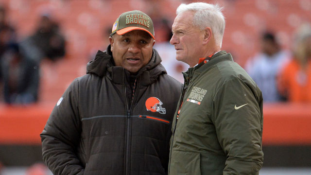 CLEVELAND, OH - NOVEMBER 19, 2017: Head coach Hue Jackson (L) and owner Jimmy Haslam (R) of the Cleveland Browns converse on the sideline prior to a game on November 19, 2017 against the Jacksonville Jaguars at FirstEnergy Stadium in Cleveland, Ohio. Jacksonville won 19-7. (Photo by: 2017 Nick Cammett/Diamond Images/Getty Images)