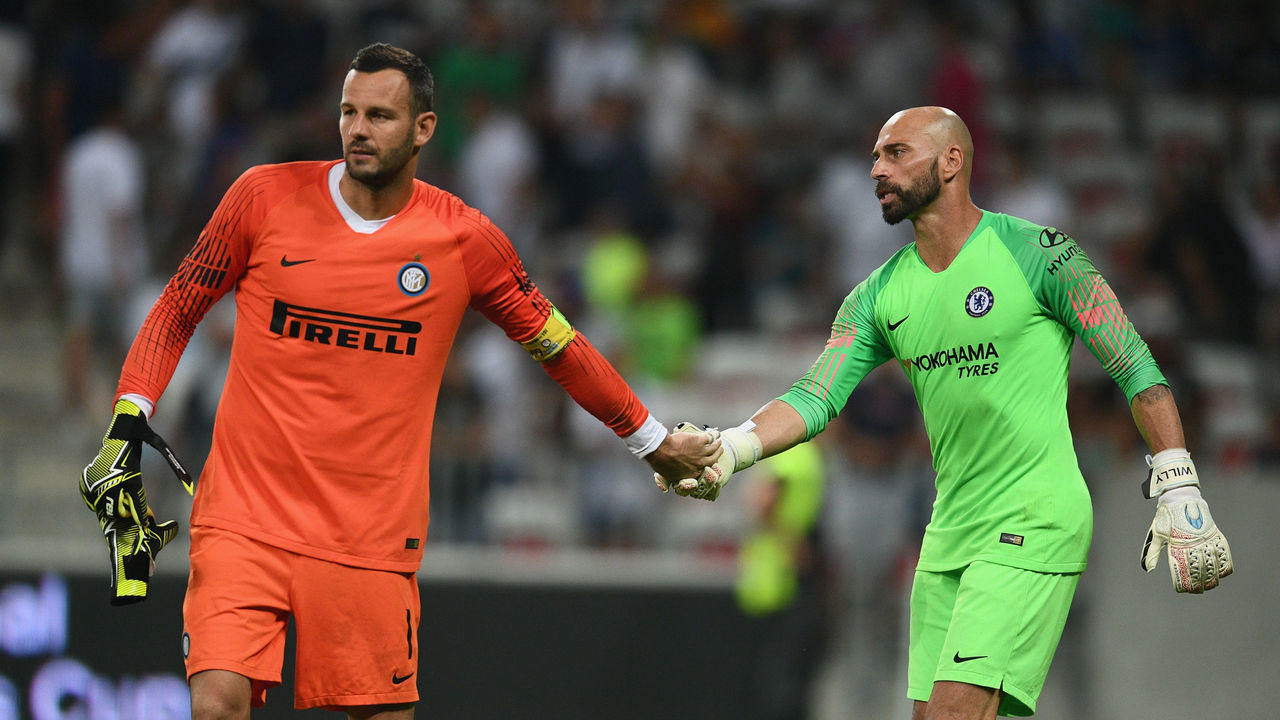 NICE, FRANCE - JULY 28: Samir Handanovic of FC Internazionale (L) and Willy Caballero of Chelsea shake hands during the International Champions Cup 2018 match between Chelsea and FC Internazionale played at Allianz Riviera Stadium on July 28, 2018 in Nice, France.