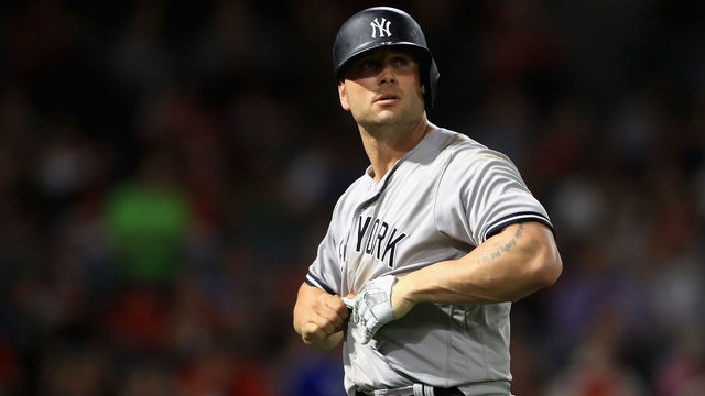 ANAHEIM, CA - JUNE 14: Matt Holliday #17 of the New York Yankees reacts to flying out during the seventh inning of a game against the Los Angeles Angels of Anaheim at Angel Stadium of Anaheim on June 14, 2017 in Anaheim, California.
