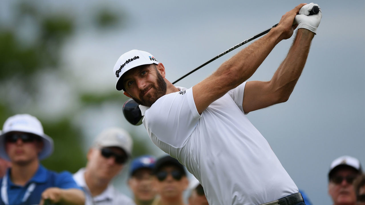 OAKVILLE, ON - JULY 28: Dustin Johnson plays his shot from the 18th tee during the third round at the RBC Canadian Open at Glen Abbey Golf Club on July 28, 2018 in Oakville, Canada.