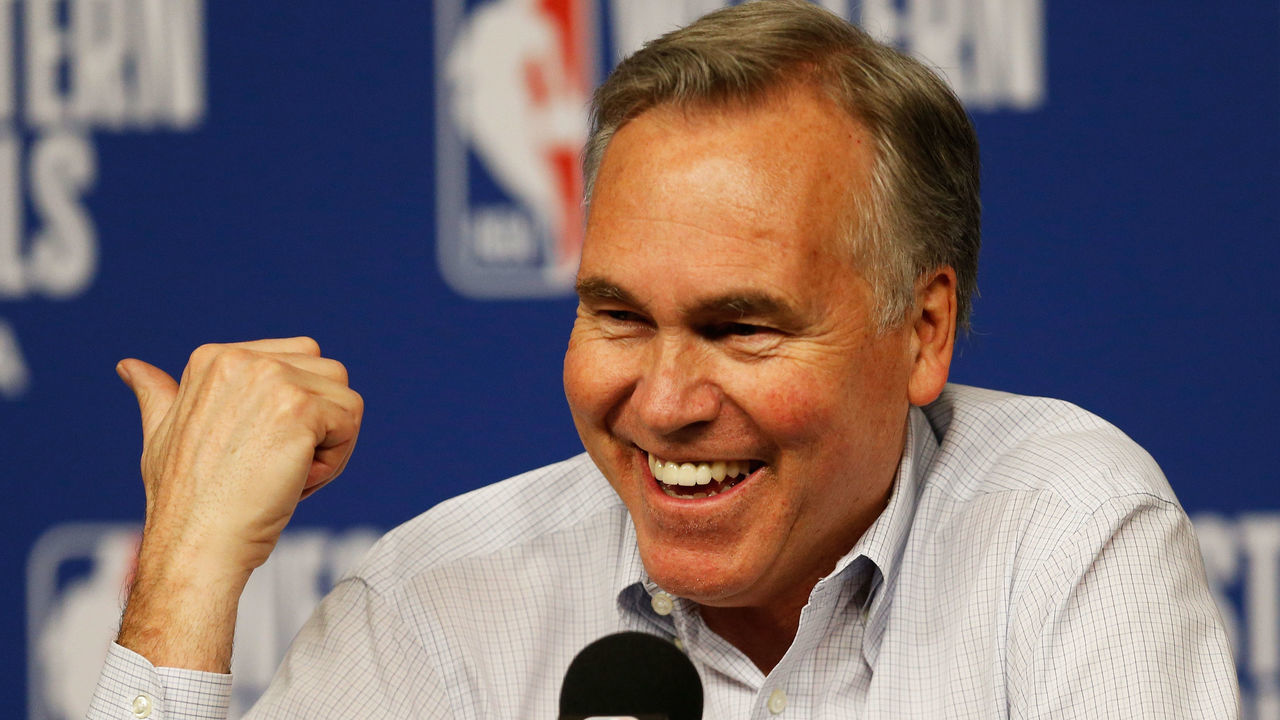 HOUSTON, TX - MAY 28: Head coach Mike D'Antoni of the Houston Rockets speaks to the media after their 92 to 101 loss to Golden State Warriors in Game Seven of the Western Conference Finals of the 2018 NBA Playoffs at Toyota Center on May 28, 2018 in Houston, Texas.
