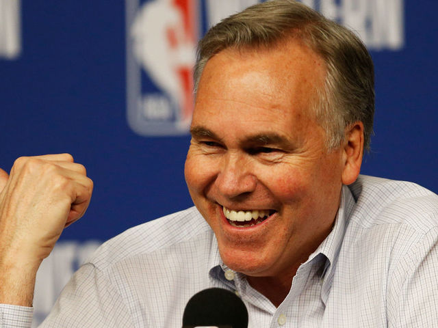 HOUSTON, TX - MAY 28: Head coach Mike D'Antoni of the Houston Rockets speaks to the media after their 92 to 101 loss to Golden State Warriors in Game Seven of the Western Conference Finals of the 2018 NBA Playoffs at Toyota Center on May 28, 2018 in Houston, Texas.