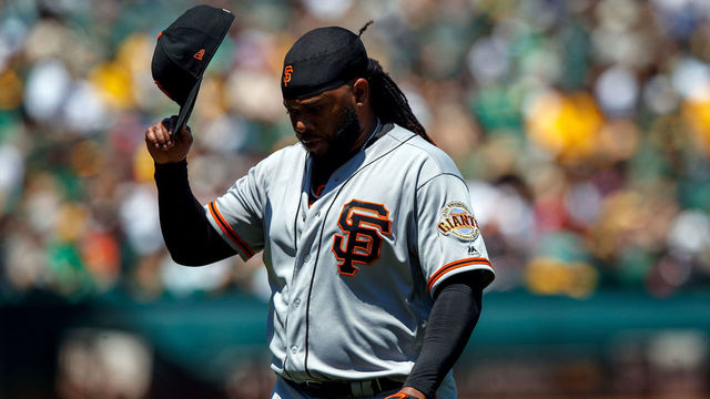 OAKLAND, CA - JULY 22: Johnny Cueto #47 of the San Francisco Giants returns to the dugout during the first inning against the Oakland Athletics at the Oakland Coliseum on July 22, 2018 in Oakland, California.