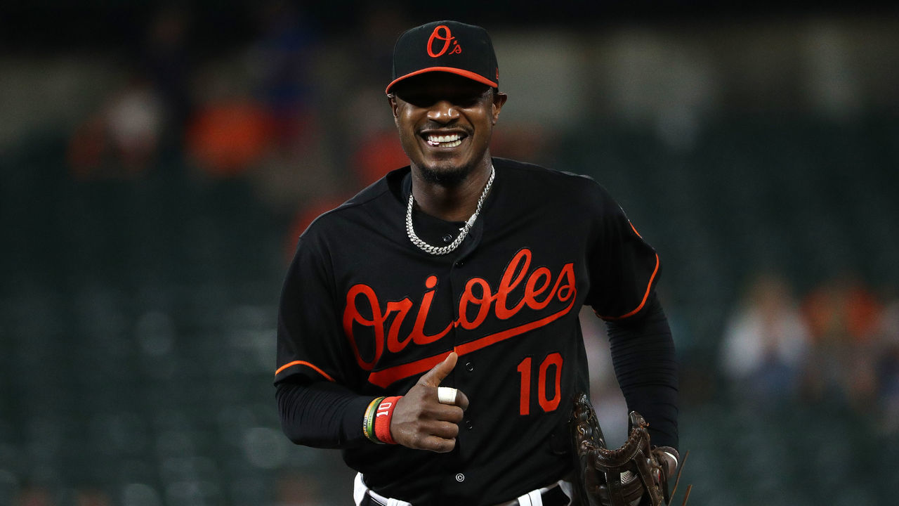 BALTIMORE, MD - JULY 27: Adam Jones #10 of the Baltimore Orioles looks on against the Tampa Bay Rays during the third inning at Oriole Park at Camden Yards on July 27, 2018 in Baltimore, Maryland.
