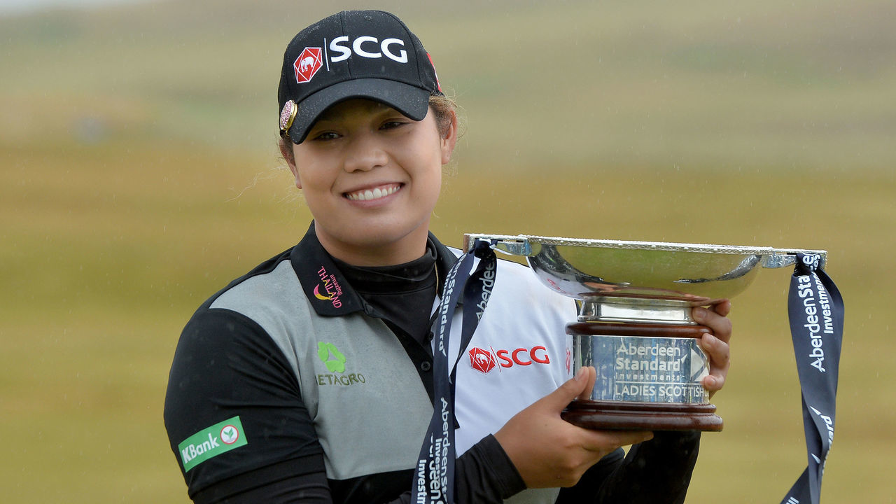GULLANE, SCOTLAND - JULY 29: Ariya Jutanugarm of Thailand poses with the trophy as she wins the Ladies Scottish Open during the final day of the Aberdeen Ladies Scottish Open at Gullane Golf Course on July 29, 2018 in Gullane, Scotland.