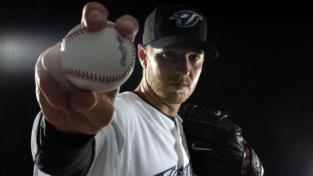 DUNEDIN, FL - FEBRUARY 22: Pitcher Roy Halladay #32 of the Toronto Blue Jays poses for a photo on media day during spring training at the Bobboy Mattix Traing Center February 22, 2008 in Dunedin, Florida.