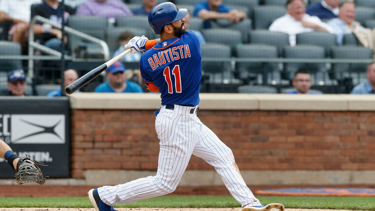 NEW YORK, NY - JULY 25: Jose Bautista #11 of the New York Mets follows through on his sixth inning two run home run against the San Diego Padres at Citi Field on July 25, 2018 in the Flushing neighborhood of the Queens borough of New York City.