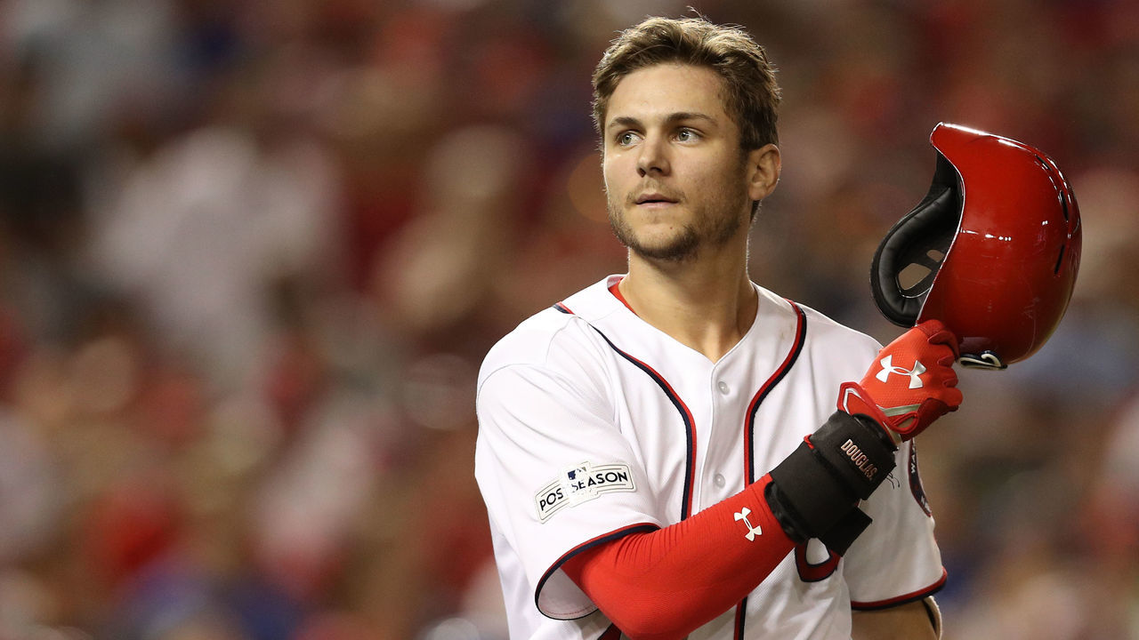 WASHINGTON, DC - OCTOBER 07: Trea Turner #7 of the Washington Nationals reacts after striking out against the Chicago Cubs with the bases loaded in the fifth inning during game two of the National League Division Series at Nationals Park on October 7, 2017 in Washington, DC.