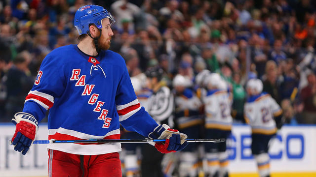 ST. LOUIS, MO - MARCH 17: Kevin Hayes #13 of the New York Rangers reacts after the Rangers loose to the St. Louis Blues in overtime at the Scottrade Center on March 17, 2018 in St. Louis, Missouri.
