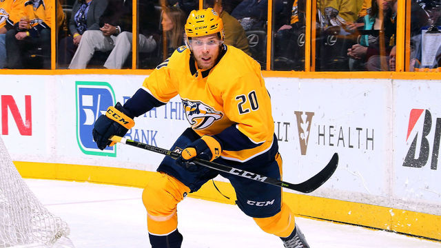 NASHVILLE, TN - MARCH 27: Miikka Salomaki #20 of the Nashville Predators skates against the Minnesota Wild during the first period at Bridgestone Arena on March 27, 2018 in Nashville, Tennessee.