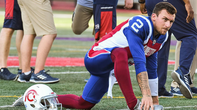 MONTREAL, QC - JULY 26: Montreal Alouettes Quarterback Johnny Manziel (2) stretches at warm-up before the Edmonton Eskimos versus the Montreal Alouettes game on July 26, 2018, at Percival Molson Memorial Stadium in Montreal, QC