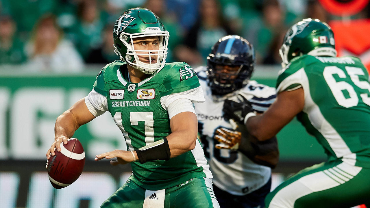 REGINA, SK - JUNE 15: Zach Collaros #17 of the Saskatchewan Roughriders prepares to throw a pass in the game between the Toronto Argonauts and Saskatchewan Roughriders at Mosaic Stadium on June 15, 2018 in Regina, Canada.