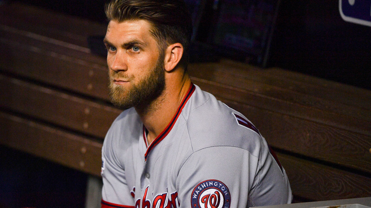 MIAMI, FL - JULY 26: Bryce Harper #34 of the Washington Nationals in the dugout before the game against the Miami Marlins at Marlins Park on July 26, 2018 in Miami, Florida.