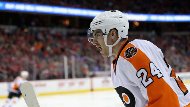 WASHINGTON, DC - MARCH 04: Matt Read #24 of the Philadelphia Flyers celebrates after getting an assist on a third period goal against the Washington Capitals at Verizon Center on March 4, 2017 in Washington, DC.