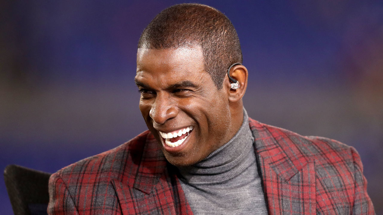 BALTIMORE, MD - OCTOBER 26: NFL Network analyst Deion Sanders appears on set during the Baltimore Ravens and Miami Dolphins game at M&T Bank Stadium on October 26, 2017 in Baltimore, Maryland.