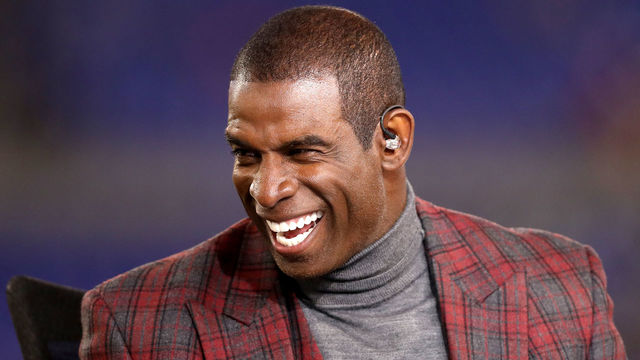 BALTIMORE, MD - OCTOBER 26: NFL Network analyst Deion Sanders appears on set during the Baltimore Ravens and Miami Dolphins game at M&T Bank Stadium on October 26, 2017 in Baltimore, Maryland.