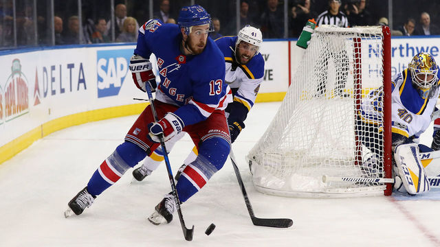 NEW YORK, NY - OCTOBER 10: Kevin Hayes #13 of the New York Rangers skates against Robert Bortuzzo #41 of the St. Louis Blues during their game at Madison Square Garden on October 10, 2017 in New York City.