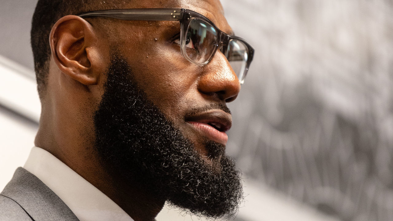 AKRON, OH - JULY 30: LeBron James addresses the media after the opening ceremonies of the I Promise School on July 30, 2018 in Akron, Ohio. The School is a partnership between the LeBron James Family foundation and the Akron Public School and is designed to serve Akron's most challenged students.