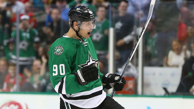 DALLAS, TX - MARCH 11: Jason Spezza #90 of the Dallas Stars celebrates his goal against the Chicago Blackhawks in the first period at American Airlines Center on March 11, 2016 in Dallas, Texas.