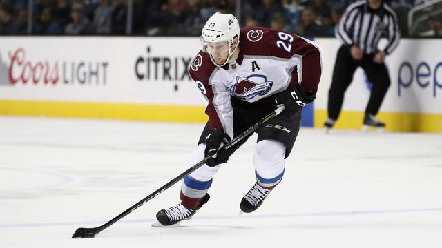 SAN JOSE, CA - APRIL 05: Nathan MacKinnon #29 of the Colorado Avalanche in action against the San Jose Sharks at SAP Center on April 5, 2018 in San Jose, California.
