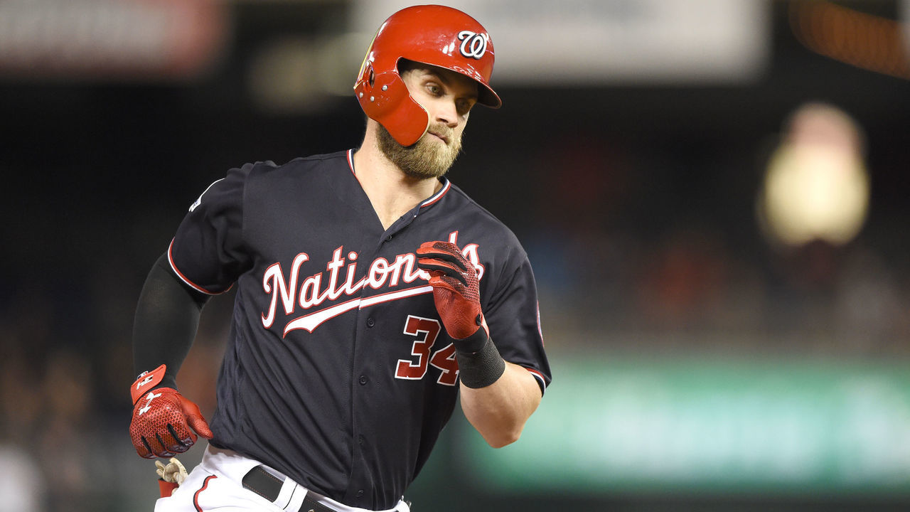 WASHINGTON, DC - MAY 22: Bryce Harper #34 of the Washington Nationals rounds the bases after hitting solo home run in the fifth inning against the San Diego Padres at Nationals Park on May 22, 2018 in Washington, DC.