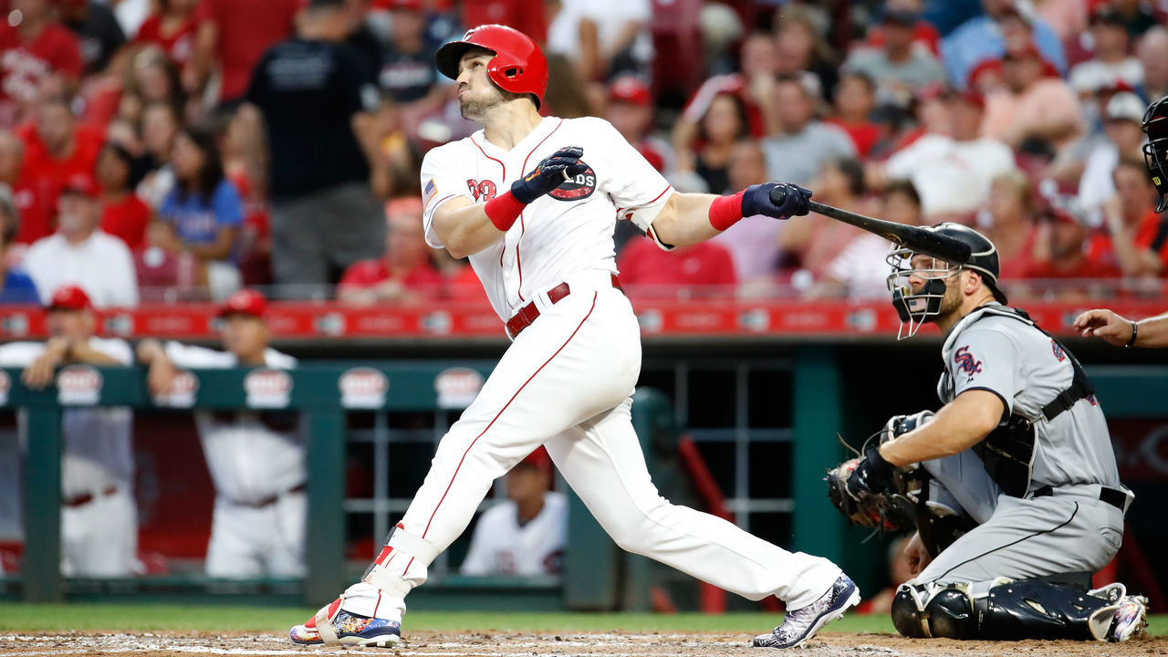 CINCINNATI, OH - JULY 03: Adam Duvall #23 of the Cincinnati Reds hits a home run in the fifth inning against the Chicago White Sox at Great American Ball Park on July 3, 2018 in Cincinnati, Ohio.