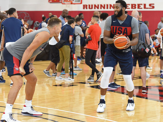 LAS VEGAS, NV - JULY 27: Blake Griffin and Andre Drummond play one on one during USAB Minicamp at Mendenhall Center on the University of Nevada, Las Vegas campus on July 27, 2018 in Las Vegas, Nevada. NOTE TO USER: User expressly acknowledges and agrees that, by downloading and/or using this Photograph, user is consenting to the terms and conditions of the Getty Images License Agreement. Mandatory Copyright Notice: Copyright 2018 NBAE