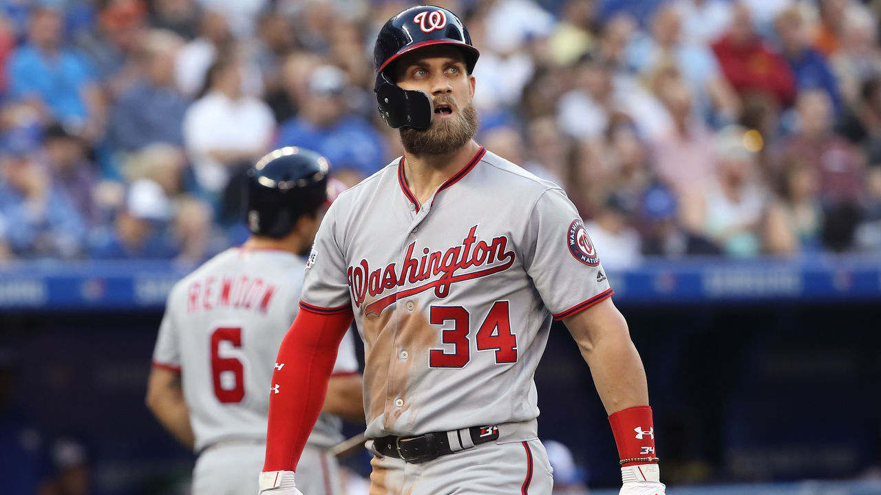 TORONTO, ON - JUNE 15: Bryce Harper #34 of the Washington Nationals reacts after being called out on strikes in the fifth inning during MLB game action against the Toronto Blue Jays at Rogers Centre on June 15, 2018 in Toronto, Canada.