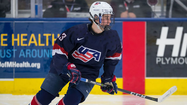 PLYMOUTH, MI - FEBRUARY 14: Jack Hughes #43 of the USA Nationals follows the play against the Czech Nationals during the 2018 Under-18 Five Nations Tournament game at USA Hockey Arena on February 14, 2018 in Plymouth, Michigan. The Czech Republic defeated the USA Nationals 6-2. *** Local Caption *** Jack Hughes