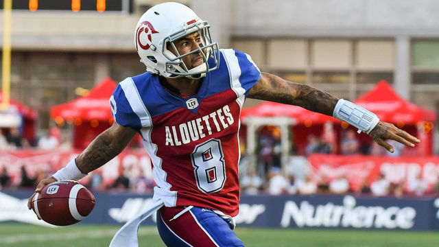 MONTREAL, QC - JULY 26: Montreal Alouettes Quarterback Vernon Adams Jr. (8) celebrates his touchdown during the Edmonton Eskimos versus the Montreal Alouettes game on July 26, 2018, at Percival Molson Memorial Stadium in Montreal, QC