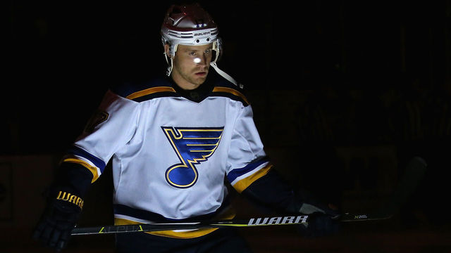GLENDALE, AZ - MARCH 31: Jaden Schwartz #17 of the St. Louis Blues skates on the ice before the NHL game against the Arizona Coyotes at Gila River Arena on March 31, 2018 in Glendale, Arizona.