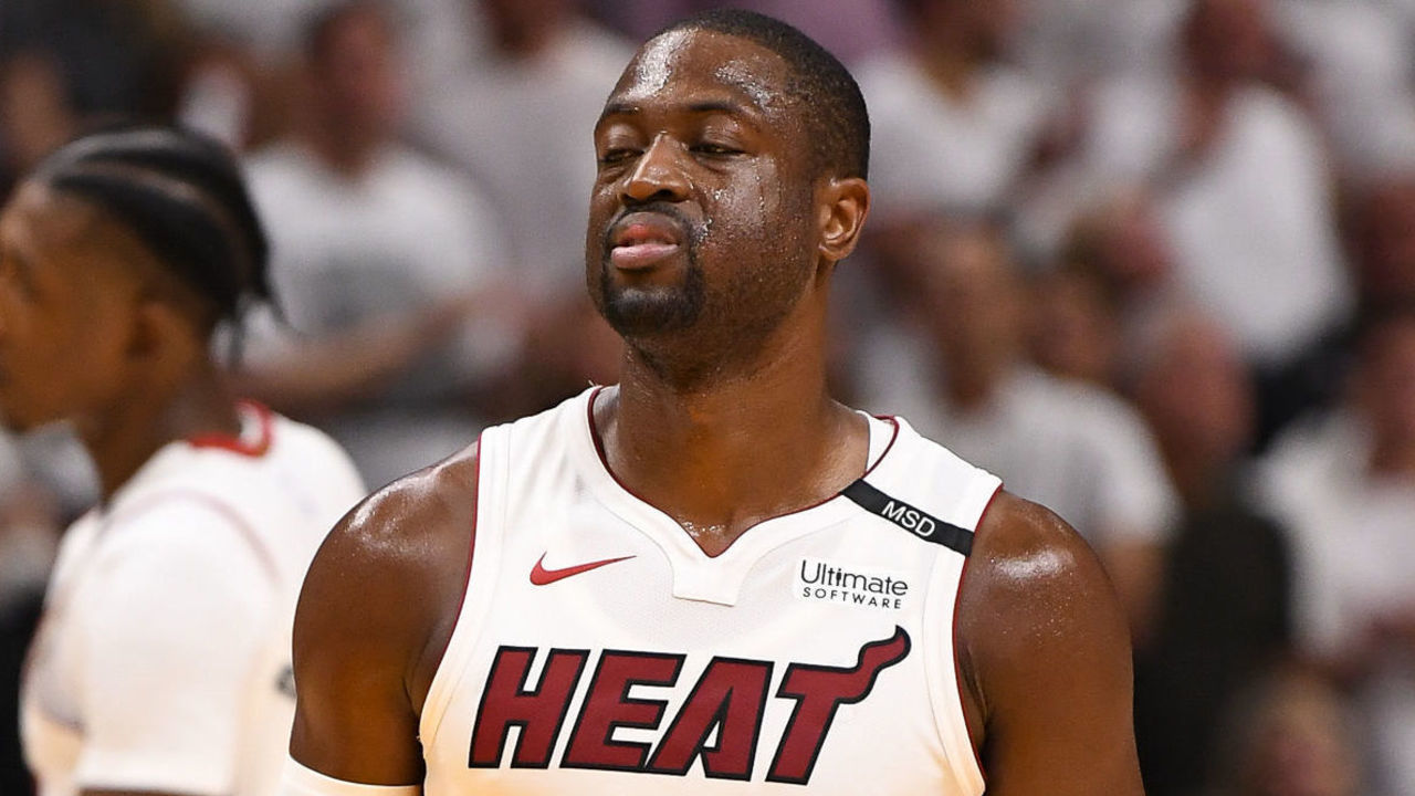 MIAMI, FL - APRIL 21: Dwyane Wade #3 of the Miami Heat reacts to missing a free throw at the end of the fourth quarter against the Philadelphia 76ers during Game Four of Round One of the 2018 NBA Playoffs at American Airlines Arena on April 21, 2018 in Miami, Florida.