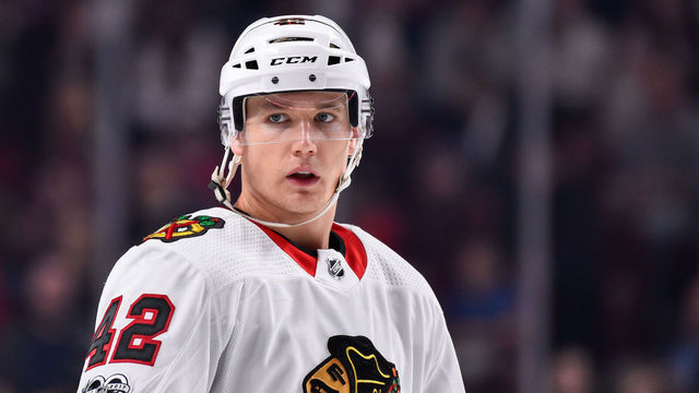 MONTREAL, QC - OCTOBER 10: Gustav Forsling #42 of the Chicago Blackhawks looks on against the Montreal Canadiens during the NHL game at the Bell Centre on October 10, 2017 in Montreal, Quebec, Canada. The Chicago Blackhawks defeated the Montreal Canadiens 3-1.