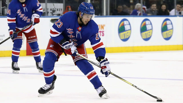 NEW YORK, NY - MARCH 14: Ryan Spooner #23 of the New York Rangers skates against the Pittsburgh Penguins at Madison Square Garden on March 14, 2018 in New York City.