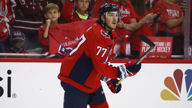 WASHINGTON, DC - JUNE 04: T.J. Oshie #77 of the Washington Capitals skates in warm-ups prior to the game against the Vegas Golden Knights in Game Four of the 2018 NHL Stanley Cup Final at Capital One Arena on June 4, 2018 in Washington, DC.