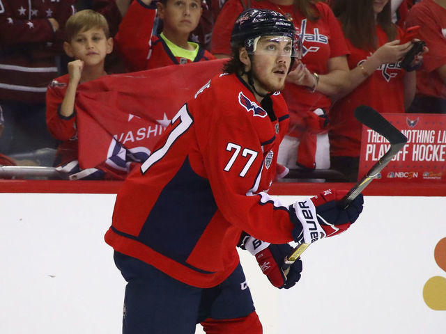 WASHINGTON, DC - JUNE 04: T.J. Oshie #77 of the Washington Capitals skates in warm-ups prior to the game against the Vegas Golden Knights in Game Four of the 2018 NHL Stanley Cup Final at Capital One Arena on June 4, 2018 in Washington, DC.