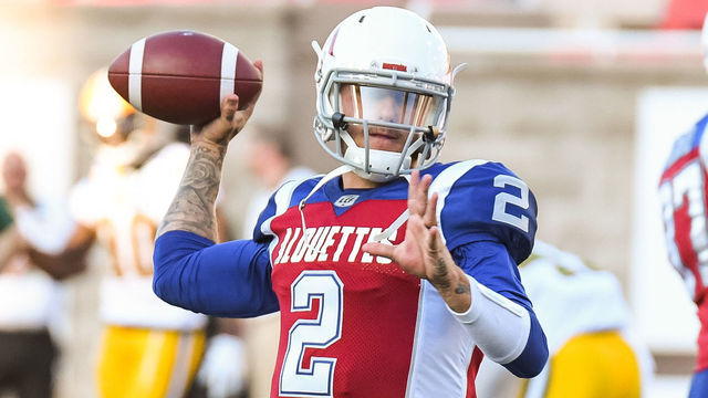 MONTREAL, QC - JULY 26: Montreal Alouettes Quarterback Johnny Manziel (2) throws the ball at warm-up before the Edmonton Eskimos versus the Montreal Alouettes game on July 26, 2018, at Percival Molson Memorial Stadium in Montreal, QC
