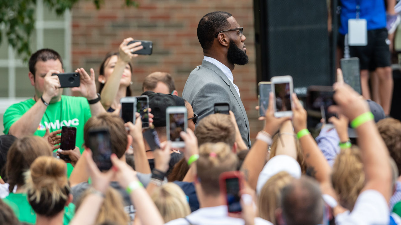 AKRON, OH - JULY 30: LeBron James makes his way through the crowd during the opening ceremonies of the I Promise School on July 30, 2018 in Akron, Ohio.