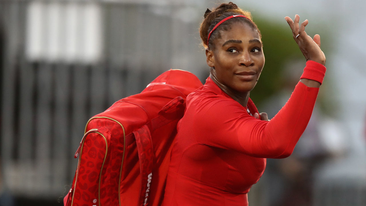 SAN JOSE, CA - JULY 31: Serena Williams of the United States waves to the crowd after she lost her match to Johanna Konta of Great Britain during Day 2 of the Mubadala Silicon Valley Classic at Spartan Tennis Complex on July 31, 2018 in San Jose, California.