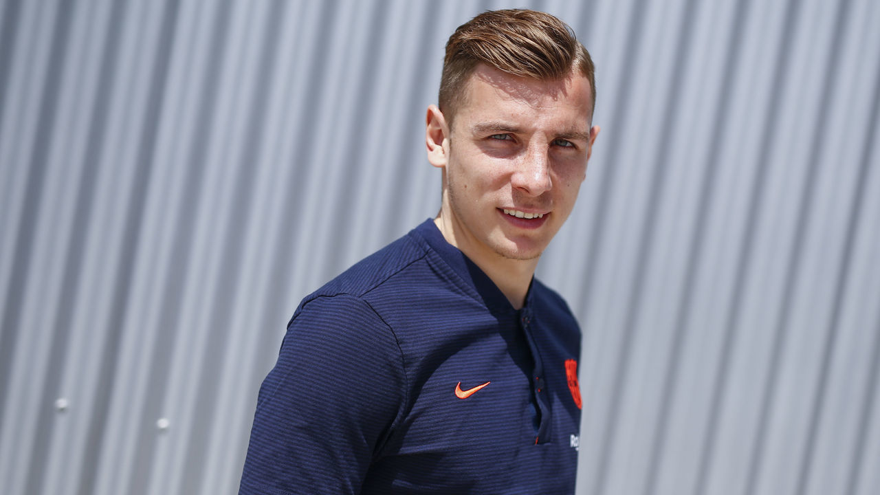 Barcelona's French defender Lucas Digne, poses after an AFP interview at the FC Barcelona's Joan Gamper Sports Center in Sant Joan Despi, near Barcelona on April 26, 2018 - FC Barcelona, ??the latest champion of Spain, will play on May 6, 2018 'the greatest game in the world' against Real Madrid and will try their very best in this 'clasico' to preserve their unbeaten record this season in Liga, defender Lucas Digne forsees in a interview with AFP.