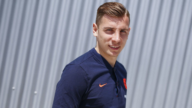 Barcelona's French defender Lucas Digne, poses after an AFP interview at the FC Barcelona's Joan Gamper Sports Center in Sant Joan Despi, near Barcelona on April 26, 2018 - FC Barcelona, ??the latest champion of Spain, will play on May 6, 2018 'the greatest game in the world' against Real Madrid and will try their very best in this 'clasico' to preserve their unbeaten record this season in Liga, defender Lucas Digne forsees in a interview with AFP.