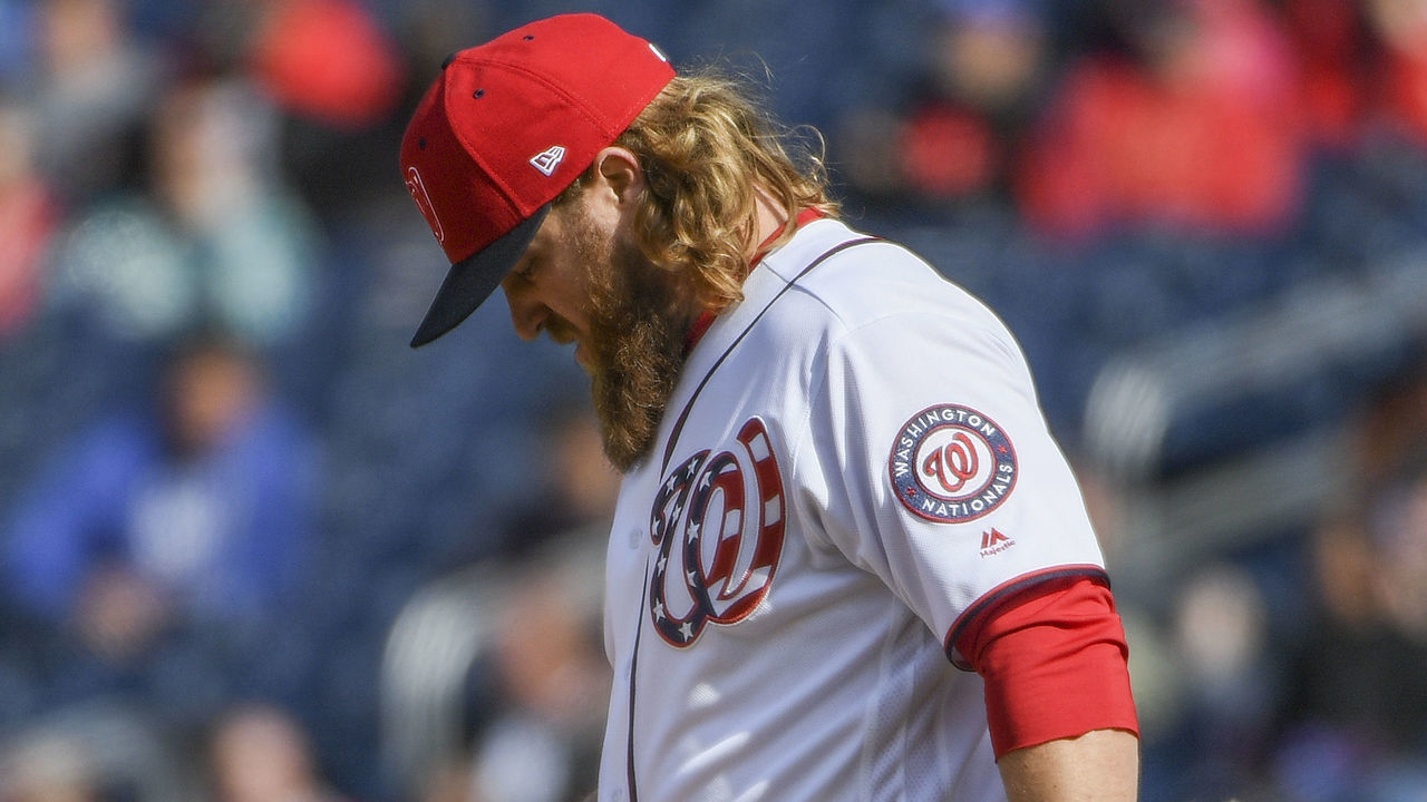 WASHINGTON, DC - APRIL 11: Washington Nationals relief pitcher Shawn Kelley (27) gave up a solo shot to Atlanta Braves catcher Kurt Suzuki (24) in the 111th inning at Nationals Park..