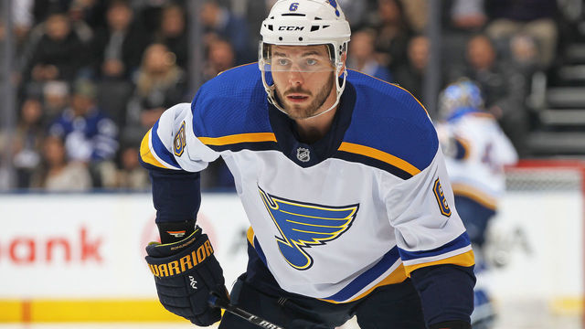 TORONTO,ON - JANUARY 16: Joel Edmundson #6 of the St.Louis Blues waits for play to resume against the Toronto Maple Leafs during an NHL game at the Air Canada Centre on January 16, 2018 in Toronto, Ontario, Canada. The Blues defeated the Maple Leafs 2-1 in overtime.
