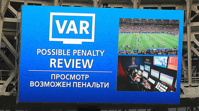 MOSCOW, RUSSIA JULY 15, 2018: Possible penalty review during the 2018 FIFA World Cup final football match between France and Croatia at Luzhniki Stadium. Sergei Bobylev/TASS