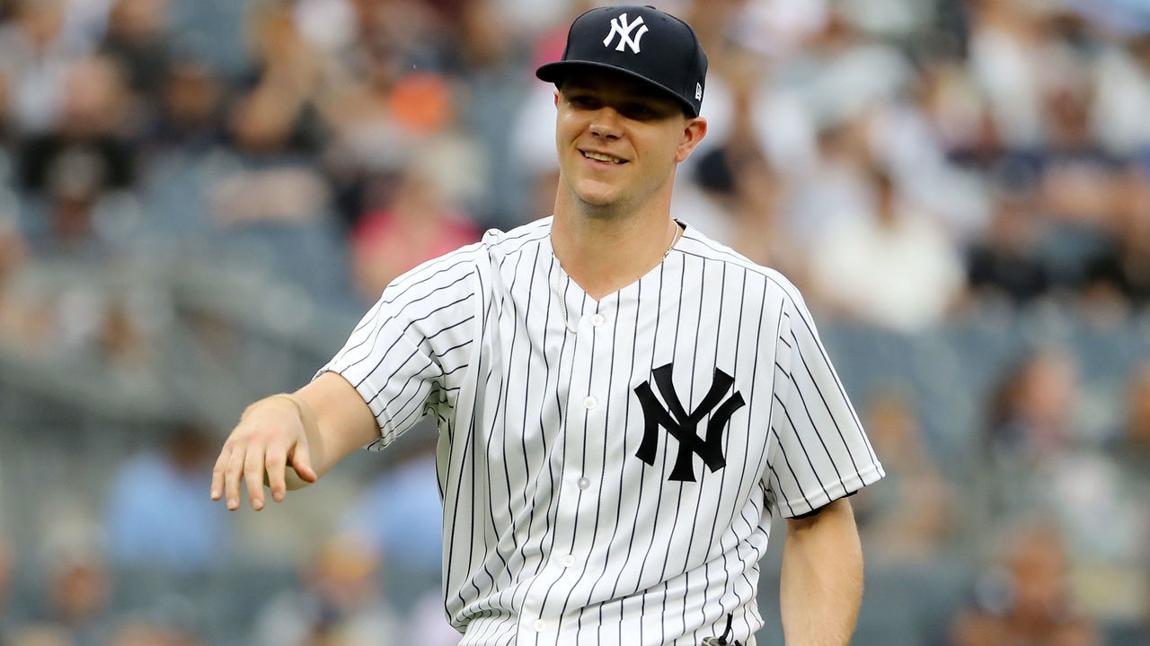 NEW YORK, NY - AUGUST 01: Sonny Gray #55 of the New York Yankees reacts to the booing fans as he is pulled from the game in the third inning against the Baltimore Orioles at Yankee Stadium on August 1, 2018 in the Bronx borough of New York City.