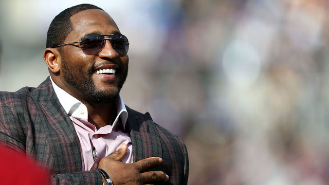 BALTIMORE, MD - NOVEMBER 1: Former Baltimore Ravens player Ray Lewis looks on from the sideline during the first quarter of a game between the Baltimore Ravens and the San Diego Chargers at M&T Bank Stadium on November 1, 2015 in Baltimore, Maryland.