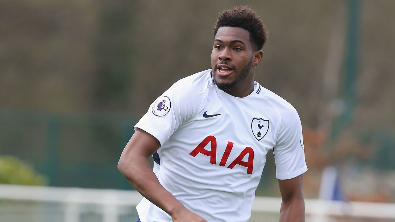 ENFIELD, ENGLAND - APRIL 07: Reo Griffiths of Tottenham Hotspur in action during the Premier League 2 match between Tottenham Hotspur and Derby County on April 7, 2018 in Enfield, England.