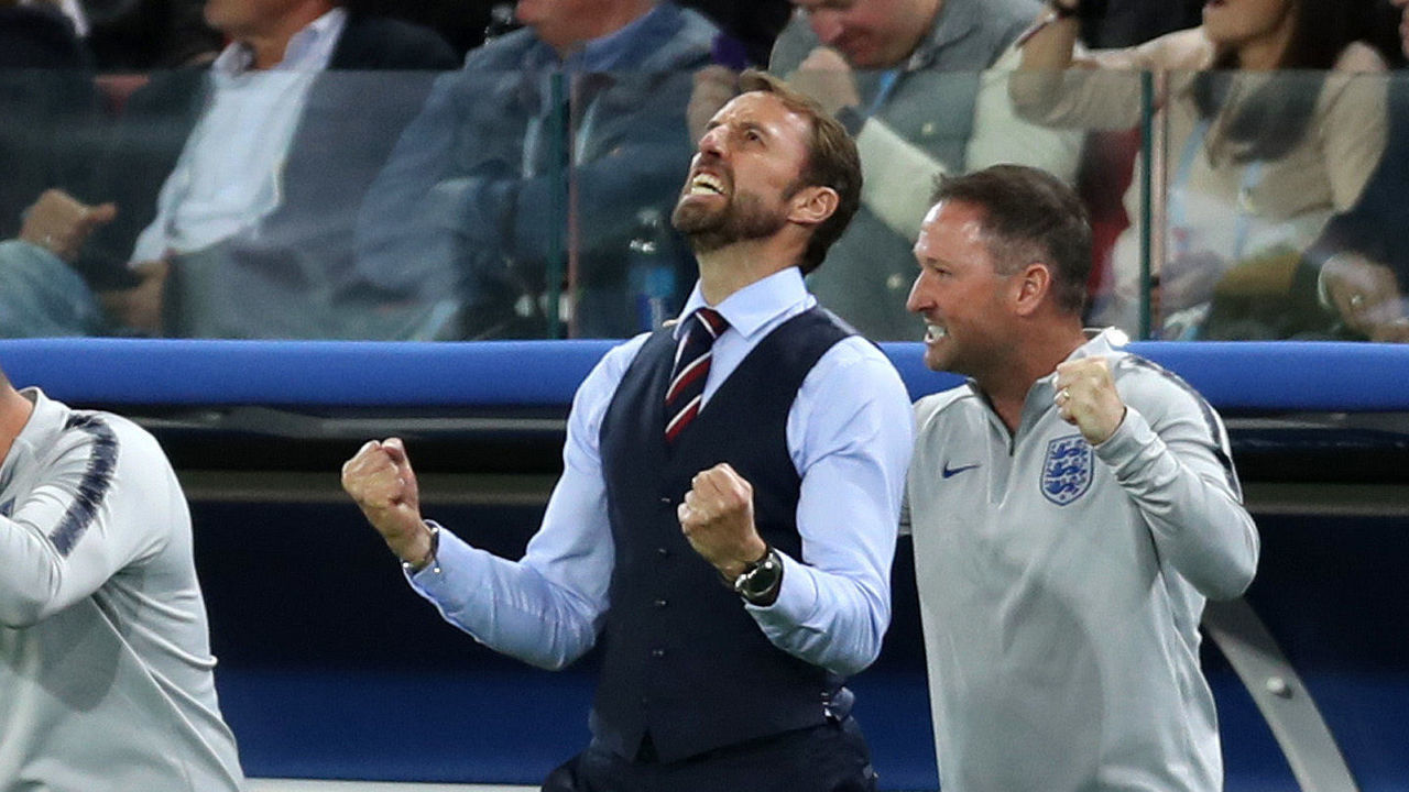 MOSCOW, RUSSIA - JULY 03: Gareth Southgate, Manager of England celebrates his team's first goal during the 2018 FIFA World Cup Russia Round of 16 match between Colombia and England at Spartak Stadium on July 3, 2018 in Moscow, Russia.