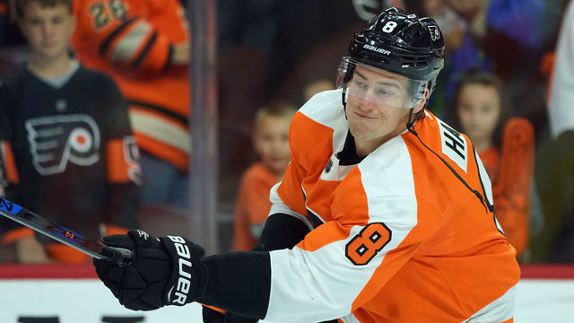 PHILADELPHIA, PA - NOVEMBER 04: Robert Hagg #8 of the Philadelphia Flyers skates in warm-ups prior to the game against the Colorado Avalanche at the Wells Fargo Center on November 4, 2017 in Philadelphia, Pennsylvania. The Avalanche defeated the Flyers 5-4 in the shootout.